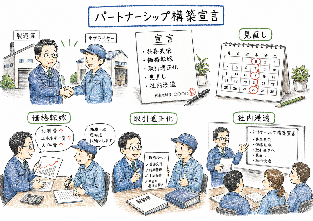 価格転嫁とサプライチェーン全体での共存共栄を中心にパートナーシップ構築宣言を示す図解