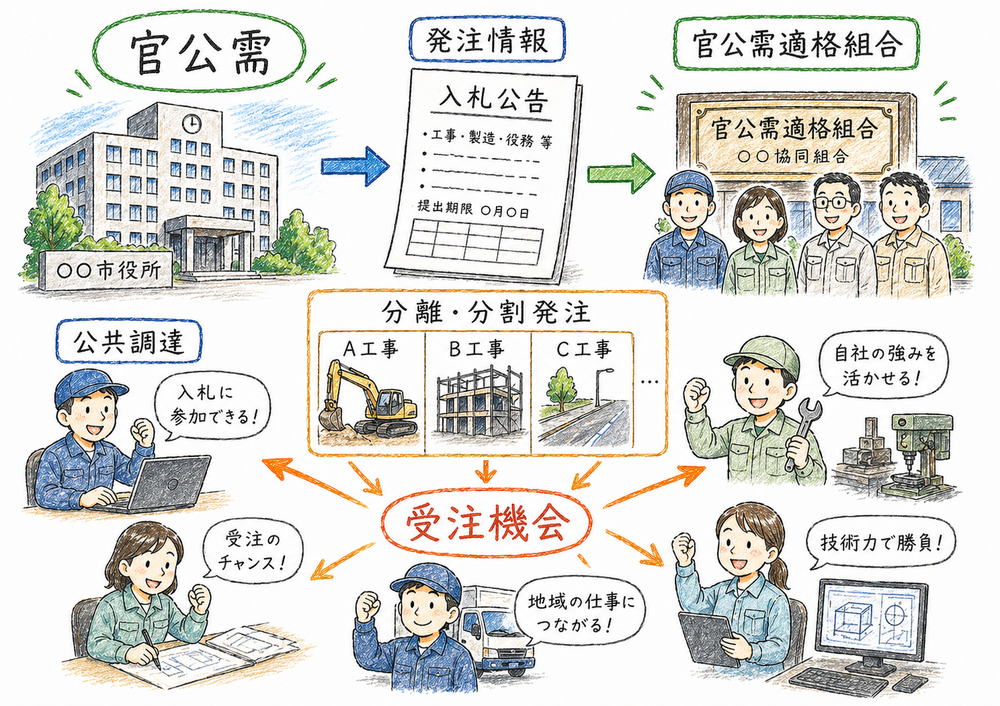 官公需の発注情報、分離分割発注、官公需適格組合を通じた受注機会の拡大を示す図解