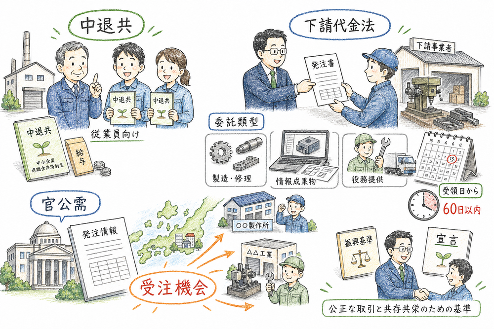 中退共、下請代金法、振興基準、宣言、官公需の要点をまとめて確認する図解