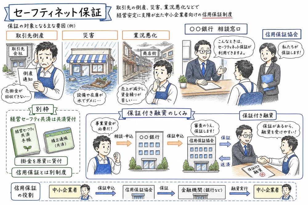 取引先倒産や災害や業況悪化に対応するセーフティネット保証が信用保証制度であることを示す図解