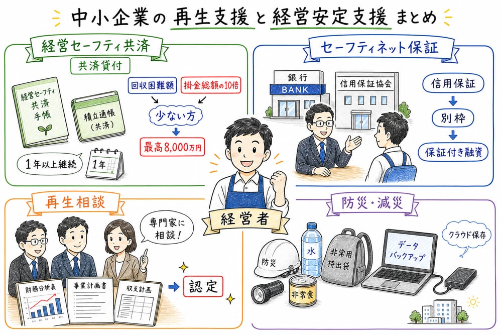 共済貸付、信用保証、再生相談、防災減災の4つを総復習する図解