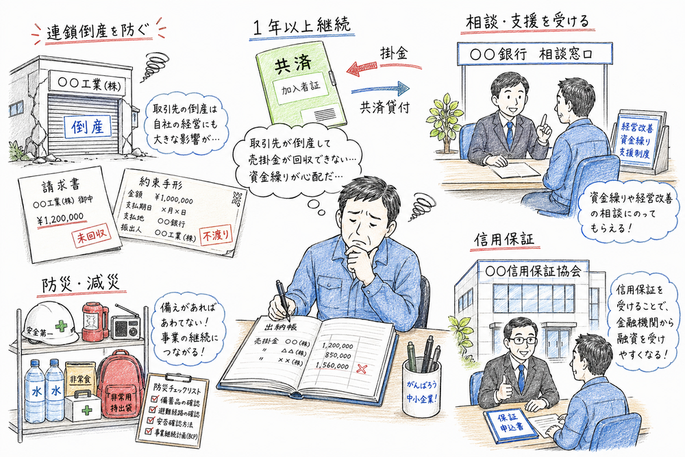 再生支援、経営セーフティ共済、信用保証、防災減災の違いを全体でつかむ図解