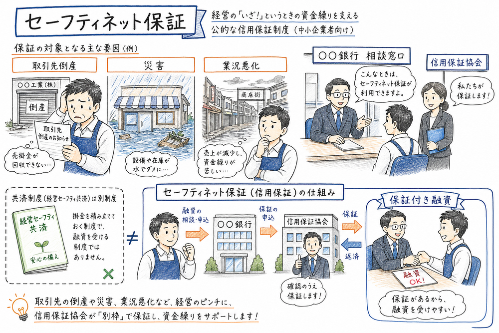 取引先倒産や災害や業況悪化に対応するセーフティネット保証が信用保証制度であることを示す図解