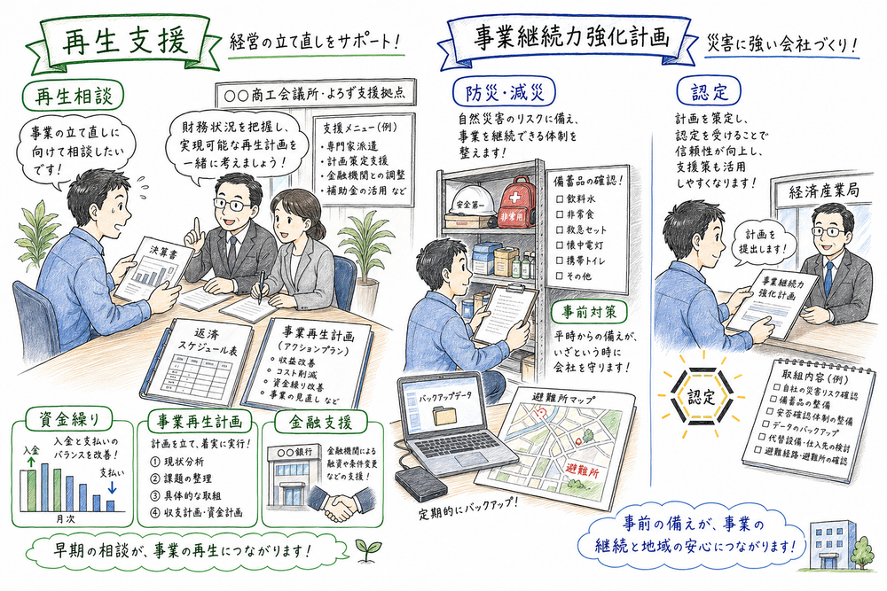再生相談と事業継続力強化計画の防災減災の事前対策を対比して示す図解