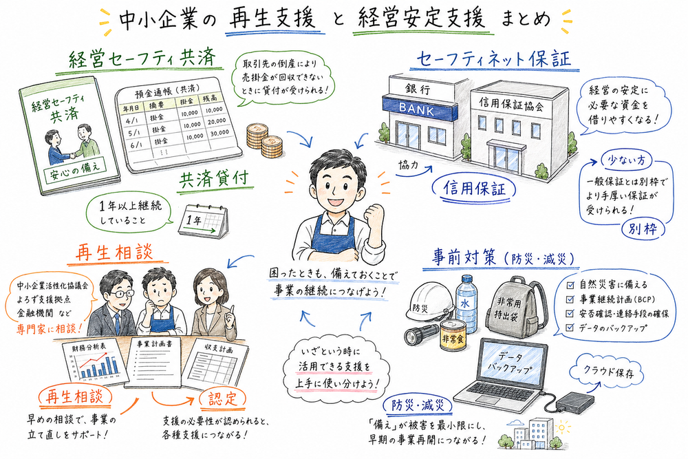 共済貸付、信用保証、再生相談、防災減災の4つを総復習する図解