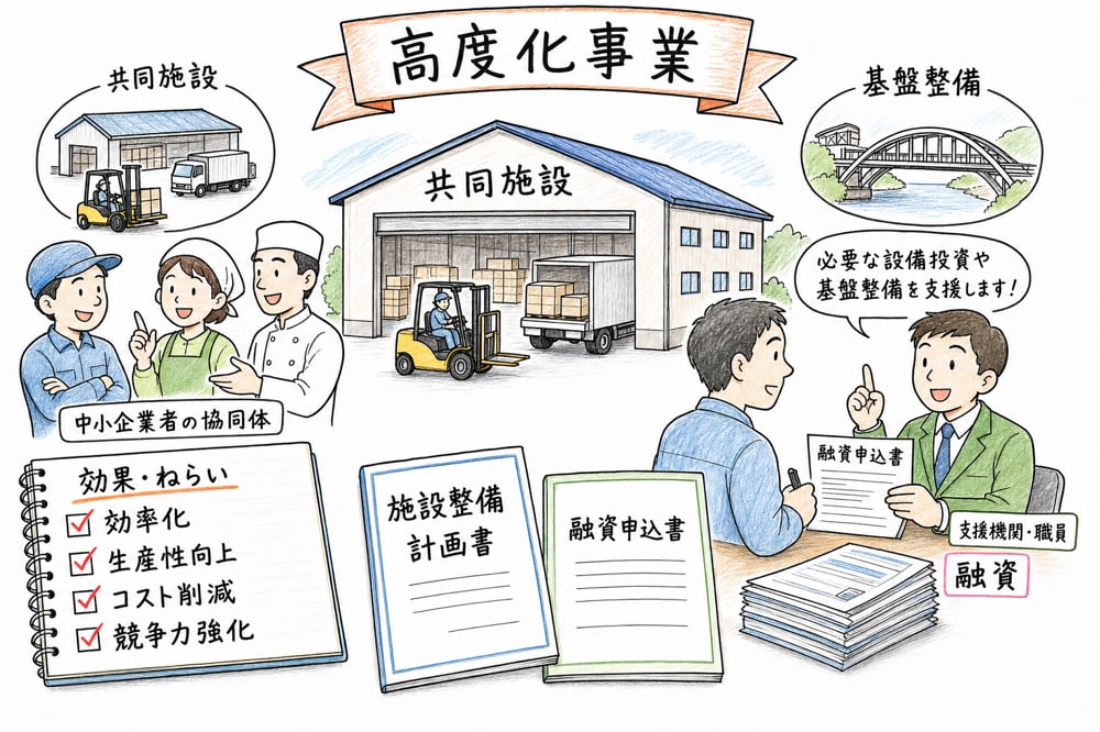 高度化事業を共同施設整備と基盤整備向け融資として示す図解