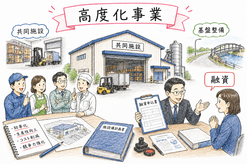 高度化事業を共同施設整備と基盤整備向け融資として示す図解