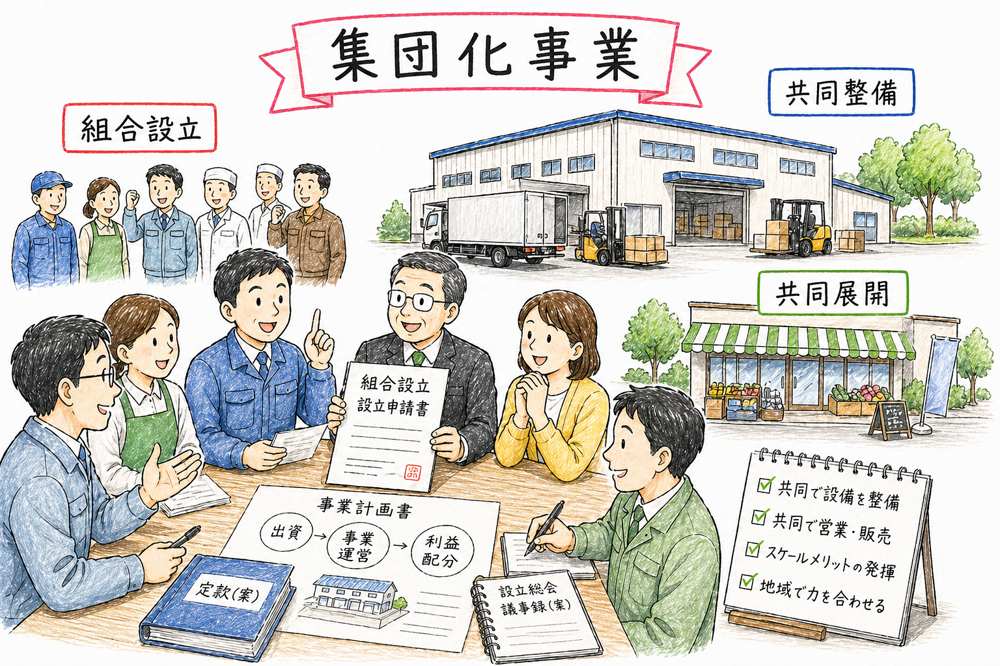 集団化事業を組合設立と共同整備と共同展開で示す図解