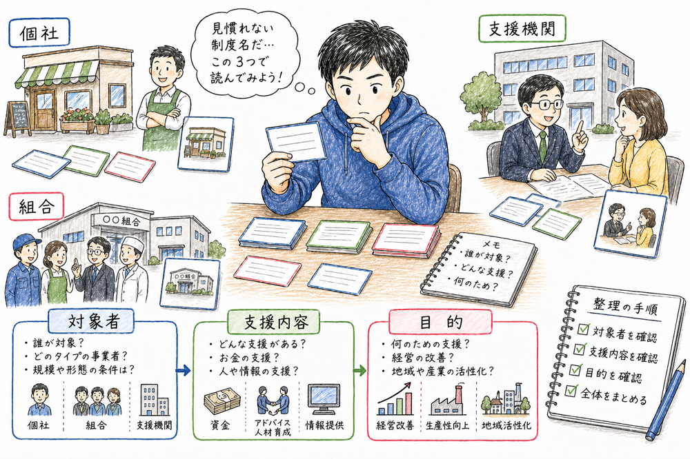 見慣れない制度名を対象者と支援内容と目的で整理する手順を示す図解