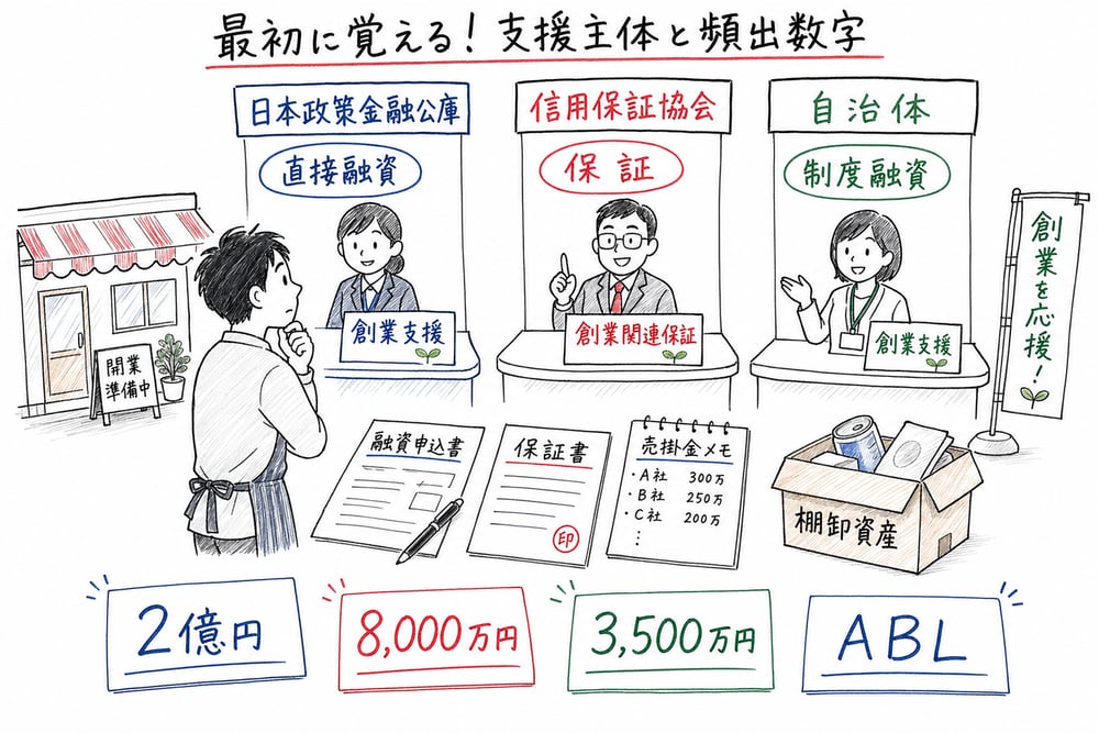 金融サポートで最初に切り分ける支援主体と頻出数字をまとめた図解