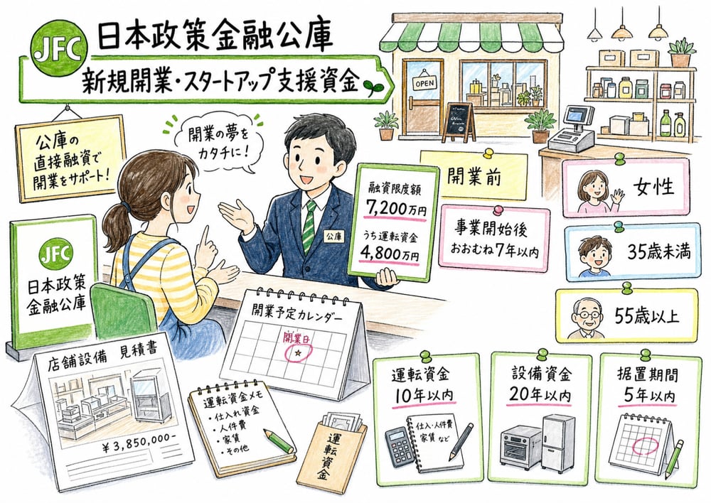 日本政策金融公庫の新規開業支援で対象者、年齢要件、資金使途を整理した図解