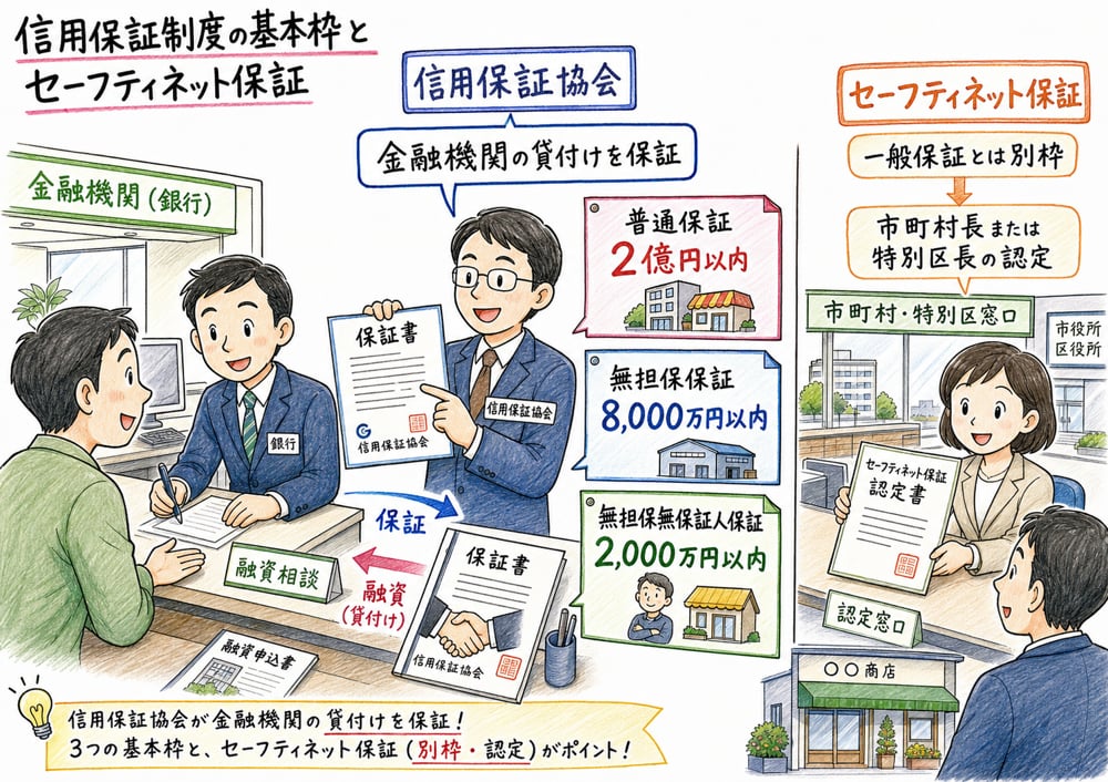 信用保証の基本枠とセーフティネット保証の別枠を整理した図解
