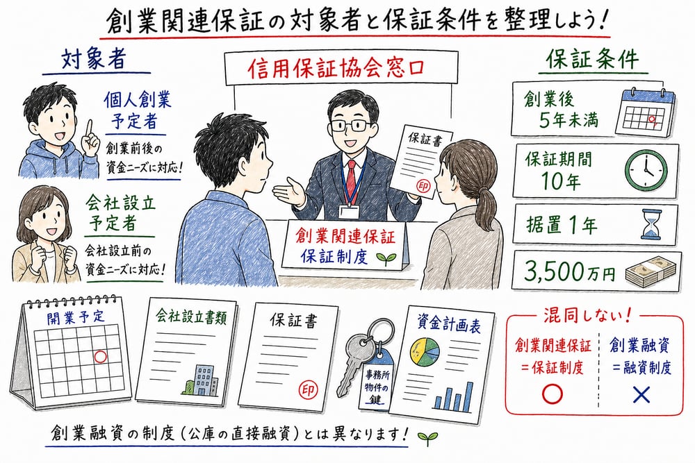 創業関連保証の対象時期と保証条件を整理した図解