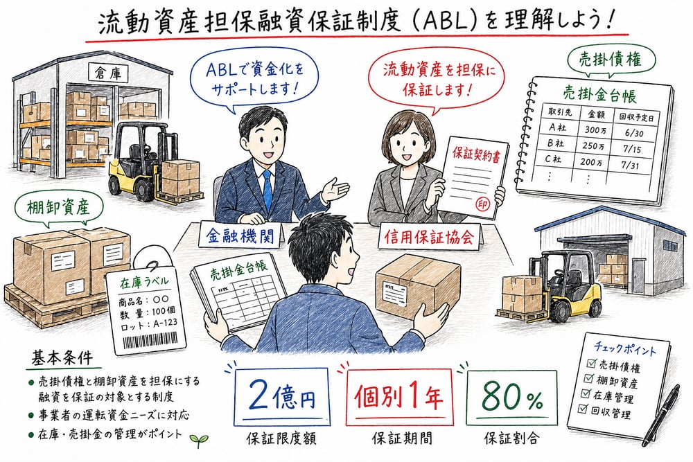 売掛債権と棚卸資産を担保にするABL保証の仕組みを示した図解