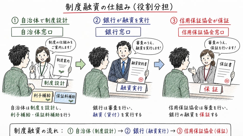 制度融資で自治体、金融機関、信用保証協会の役割を見分ける図解
