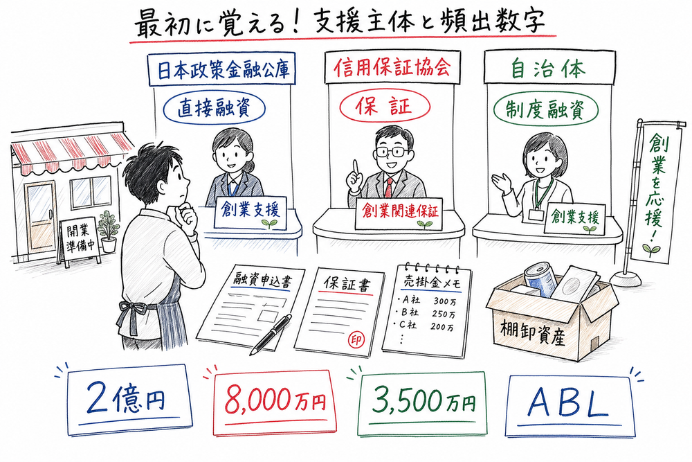 金融サポートで最初に切り分ける支援主体と頻出数字をまとめた図解
