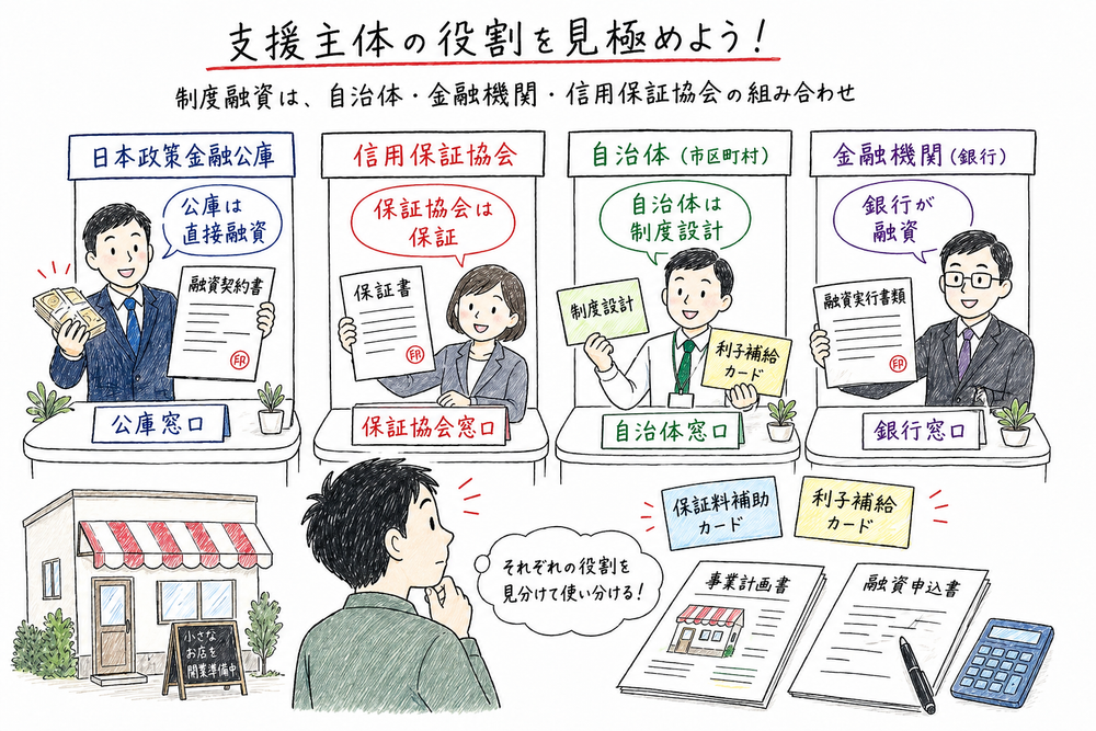 日本政策金融公庫、信用保証協会、制度融資の役割分担を具体物で示した図解