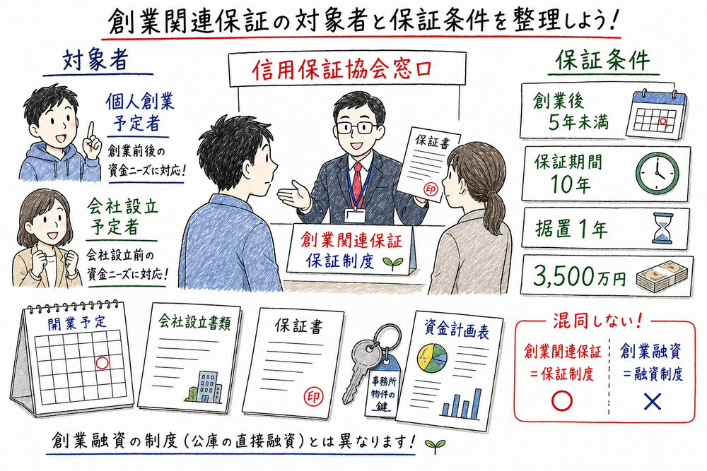 創業関連保証の対象時期と保証条件を整理した図解