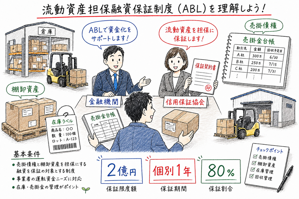 売掛債権と棚卸資産を担保にするABL保証の仕組みを示した図解