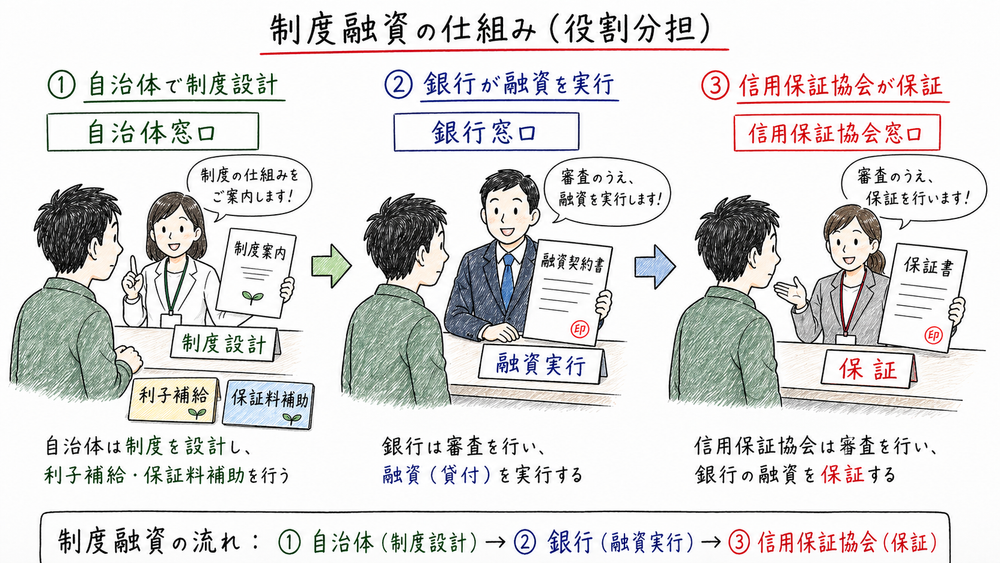 制度融資で自治体、金融機関、信用保証協会の役割を見分ける図解