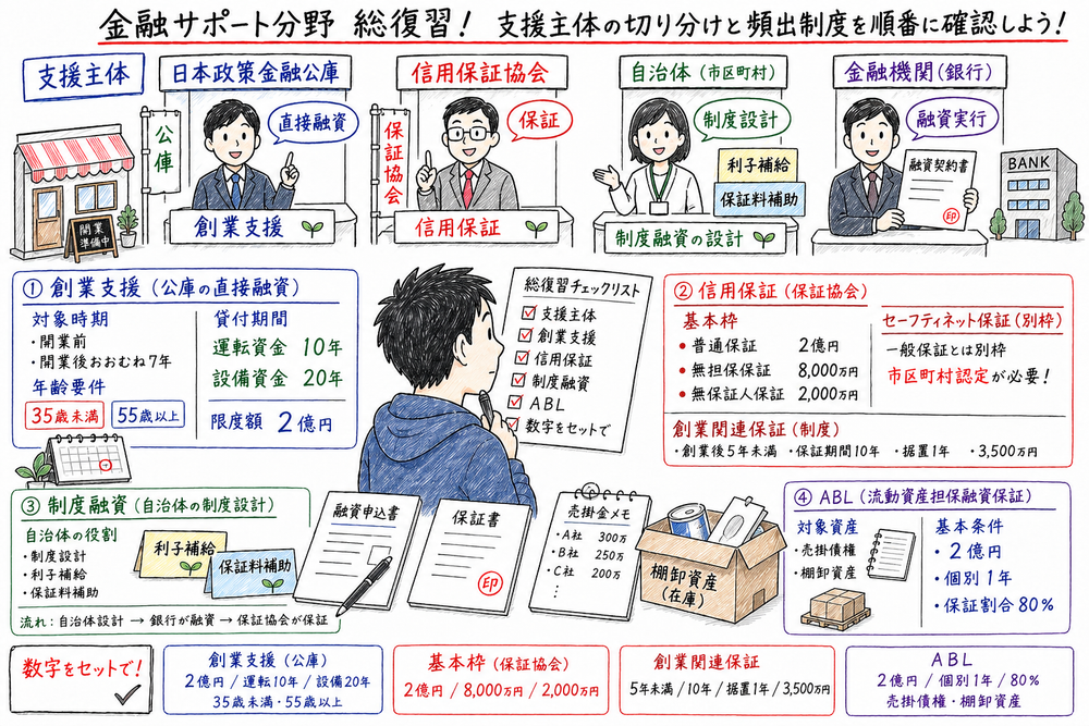 金融サポートの制度を支援主体、保証枠、創業支援で順番に確認するまとめ図解