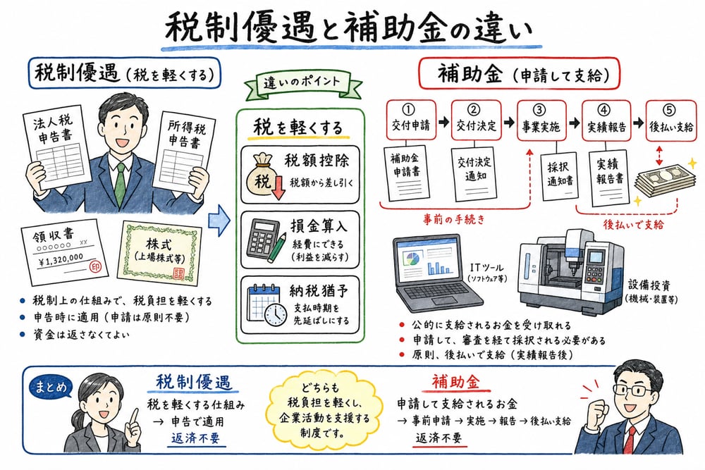 税制優遇と補助金を、税の軽減と後払い支給の違いで比較した手書き風図解