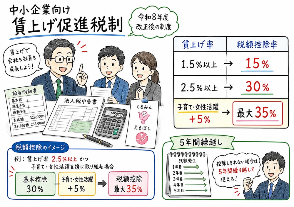 賃上げ率と子育て両立・女性活躍支援の上乗せから税額控除率を整理した手書き風図解