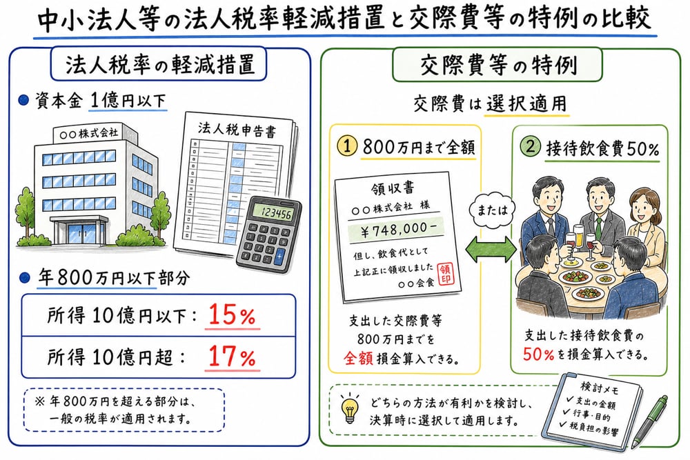 法人税率軽減措置と交際費等の特例を、対象基準と数字で比較した手書き風図解