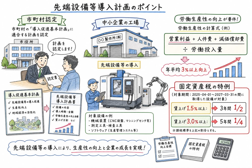 市町村認定と労働生産性の計算式を中心に、先端設備等導入計画を整理した手書き風図解