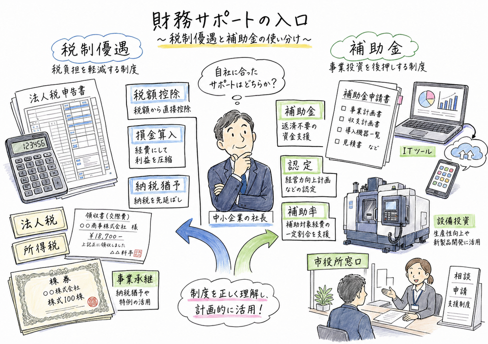 税制優遇と補助金を切り分けながら、財務サポートの全体像を整理した手書き風図解