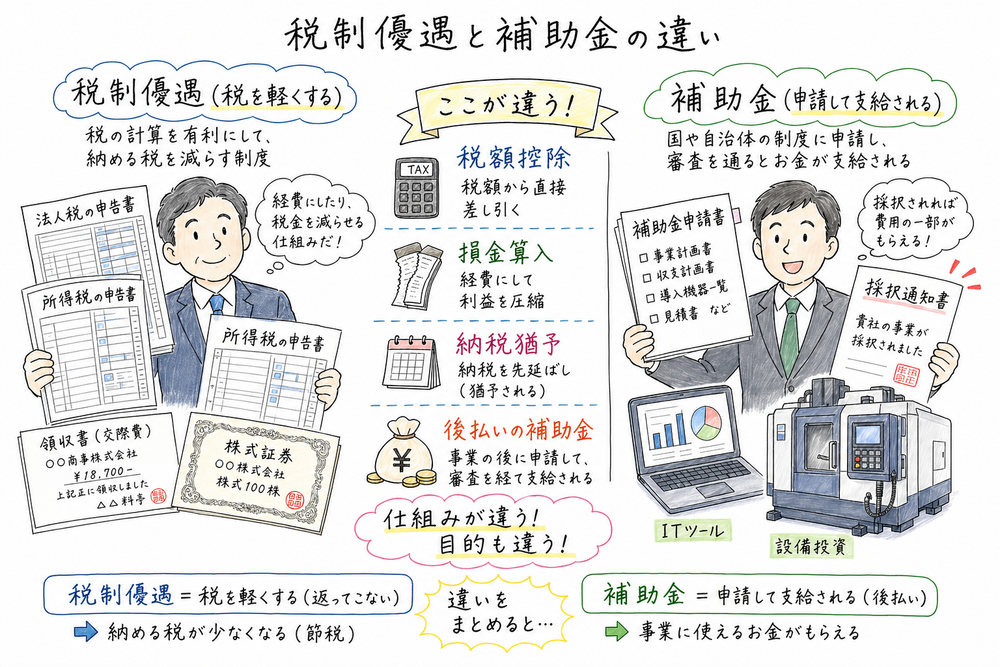 税制優遇と補助金を、税の軽減と後払い支給の違いで比較した手書き風図解