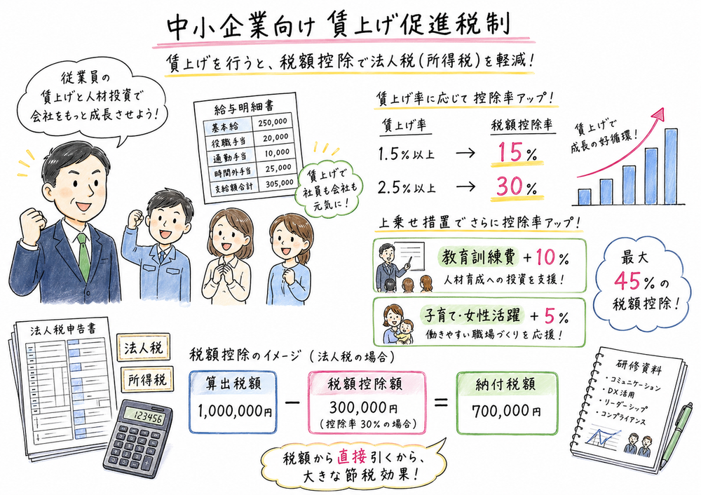 賃上げ率と教育訓練費の上乗せ要件から税額控除率を整理した手書き風図解