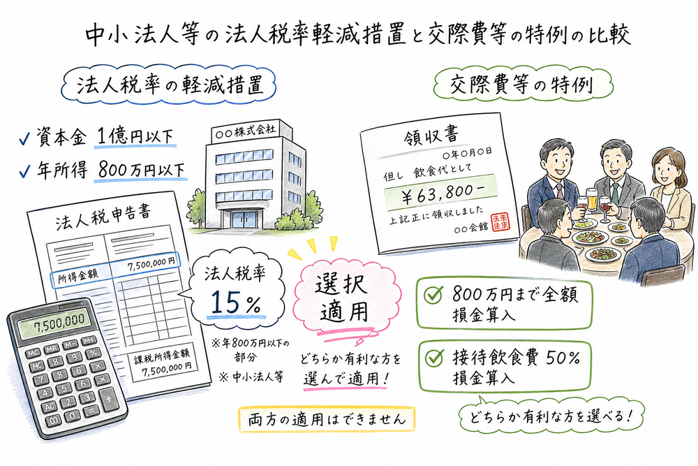 法人税率軽減措置と交際費等の特例を、対象基準と数字で比較した手書き風図解
