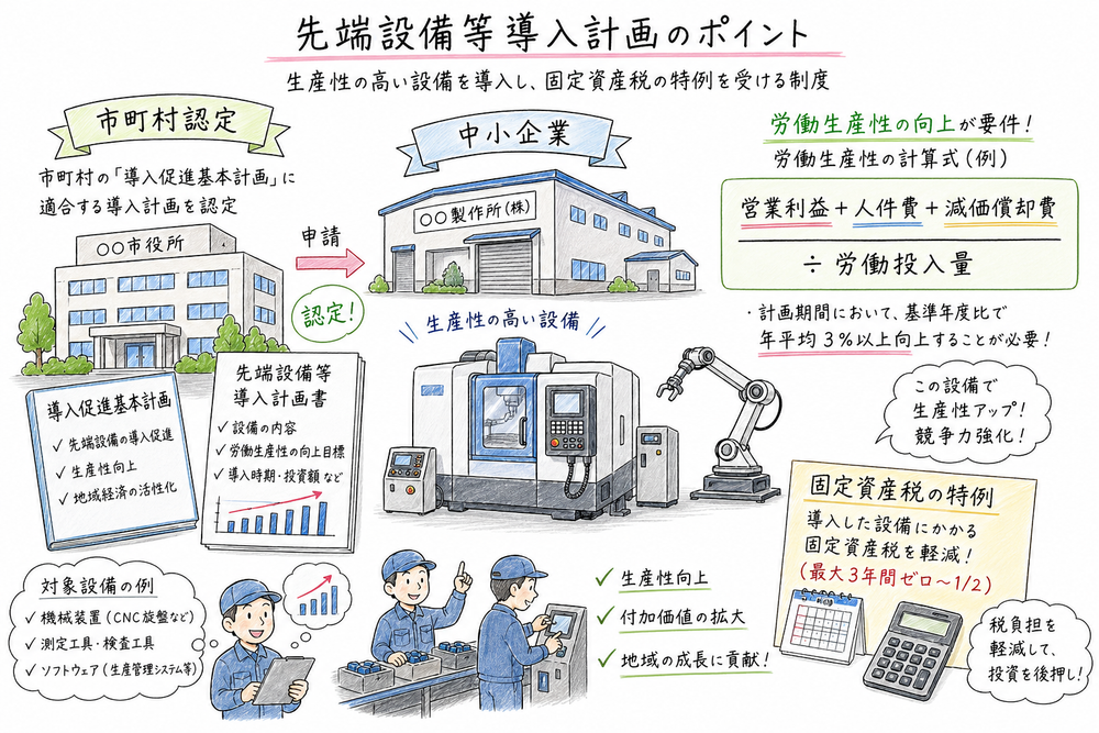 市町村認定と労働生産性の計算式を中心に、先端設備等導入計画を整理した手書き風図解