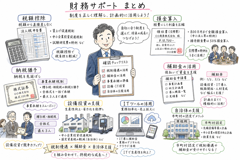 税制優遇、補助金、設備投資、IT導入、事業承継の確認ポイントをまとめた手書き風図解