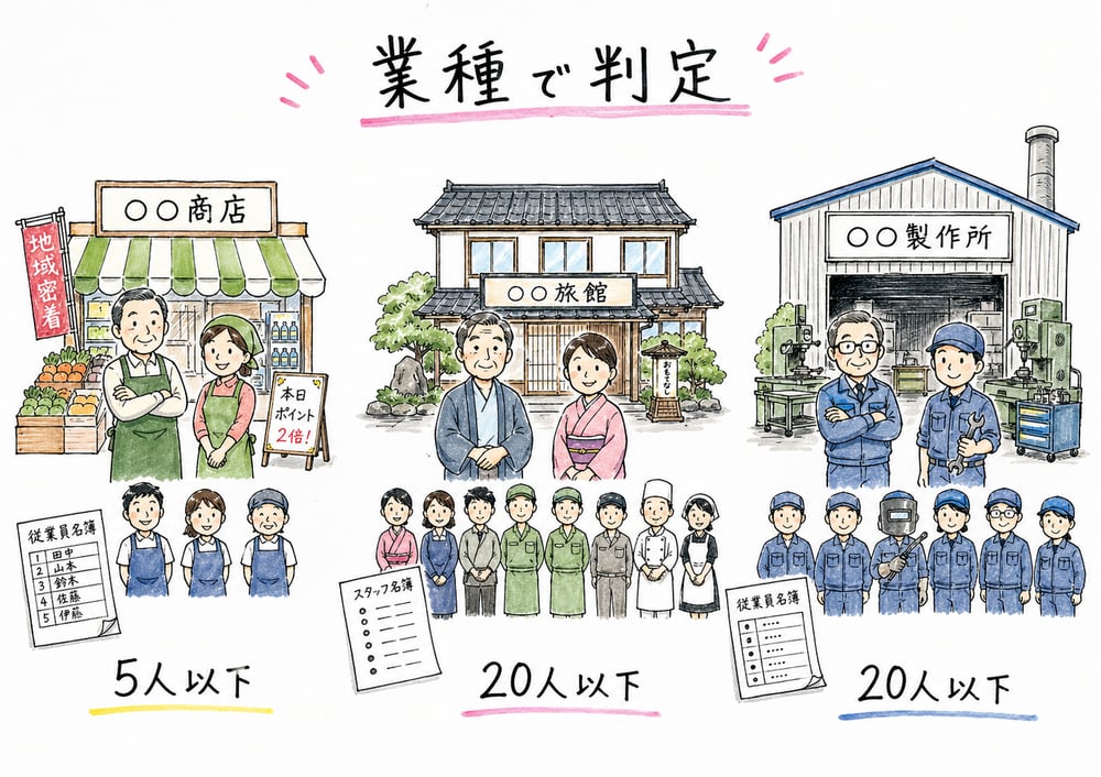 小規模企業者と小規模事業者の人数基準を、店舗、宿泊業、工場の具体例で見分ける図解