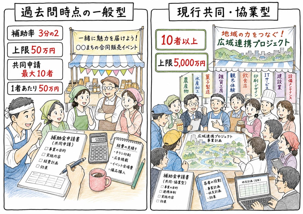持続化補助金の補助率、補助上限、共同申請の最大10者を、複数店舗の共同販促の場面で整理した図解