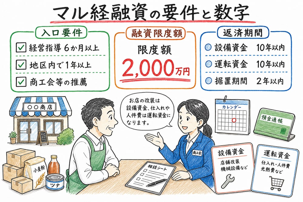 マル経融資の6か月、1年、2000万円、設備10年、運転10年を、店舗改装と仕入れ資金の例で整理した図解