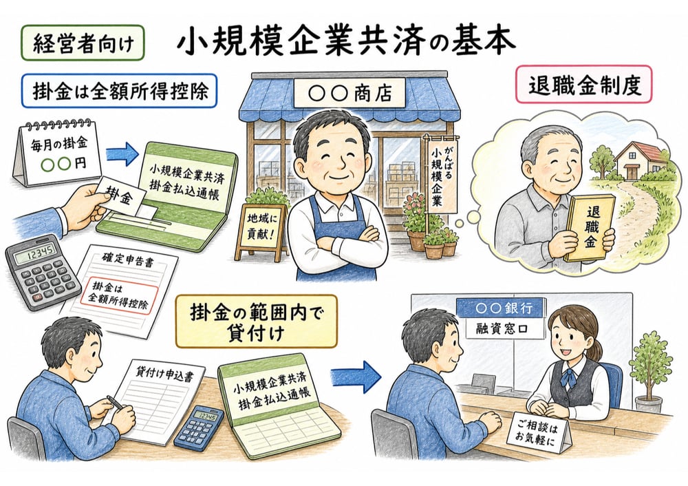 小規模企業共済を、経営者、掛金、退職金、貸付けの関係で整理した図解