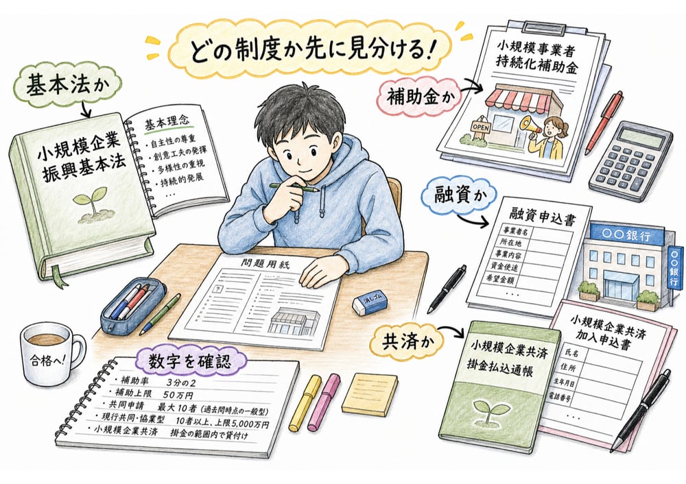 小規模企業支援の問題で、基本法、補助金、融資、共済のどれかを先に見分ける判断軸をまとめた図解
