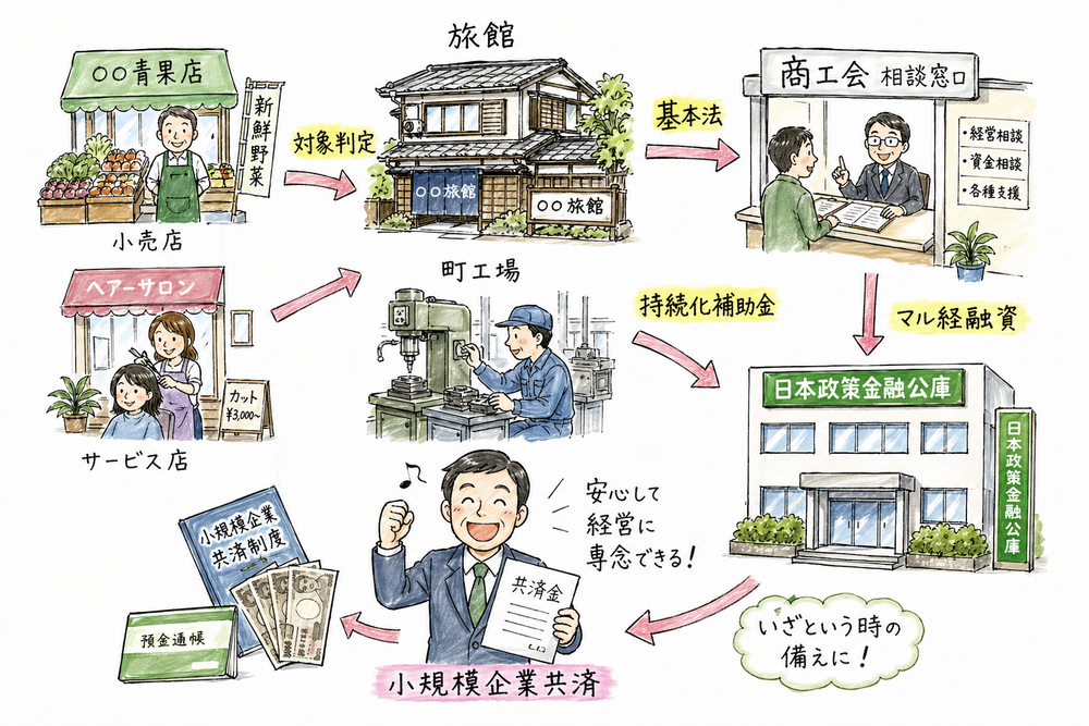 小規模企業支援で頻出の制度を、対象判定、法律、補助金、融資、共済の5つの入口で整理した図解