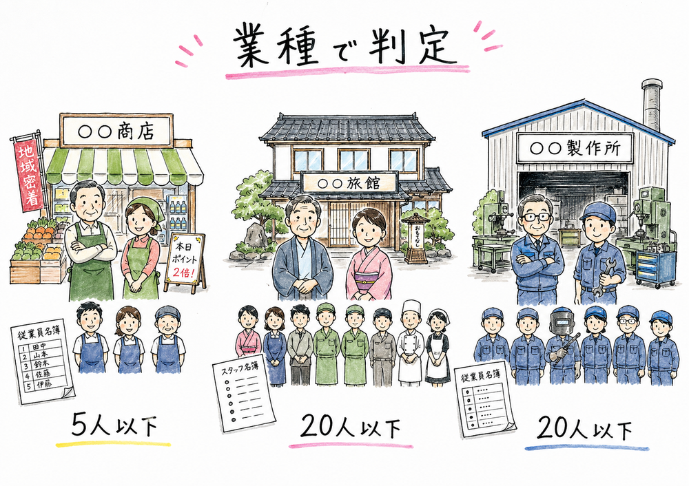 小規模企業者と小規模事業者の人数基準を、店舗、宿泊業、工場の具体例で見分ける図解