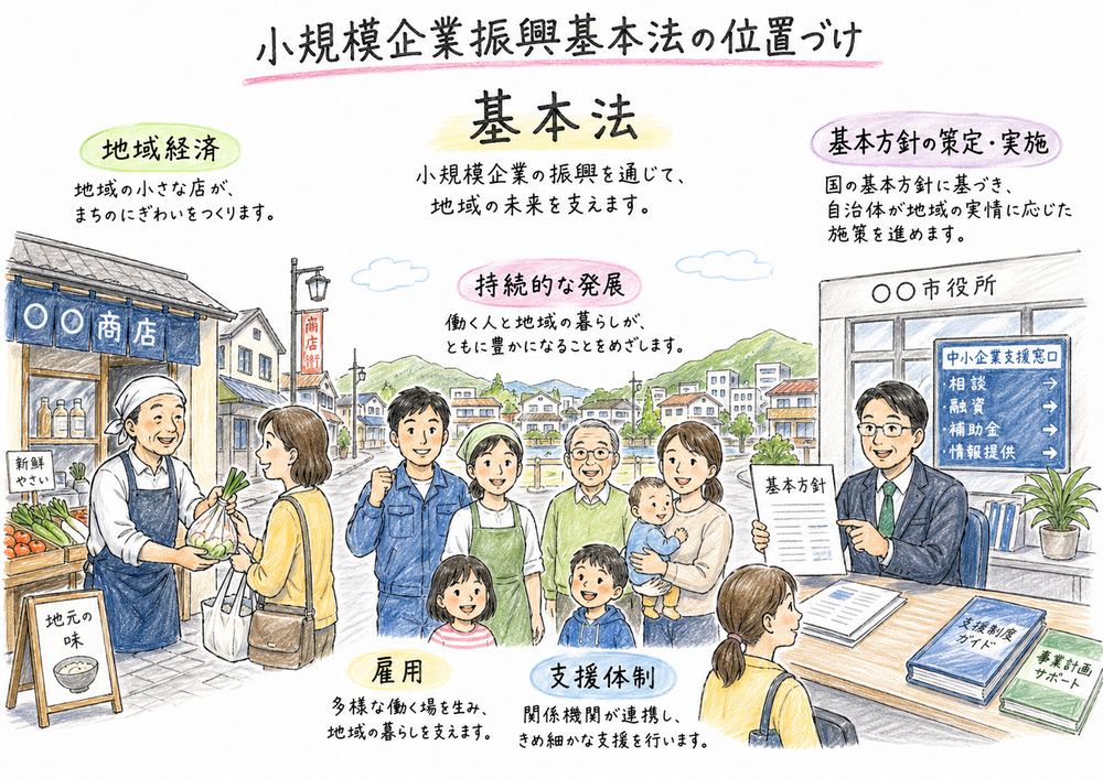 小規模企業振興基本法を、地域の店、自治体、雇用の場面で基本理念の法律として整理した図解