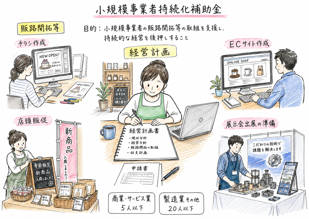 小規模事業者持続化補助金が、経営計画をもとにチラシ、EC、展示会などの販路開拓を支援する場面を描いた図解