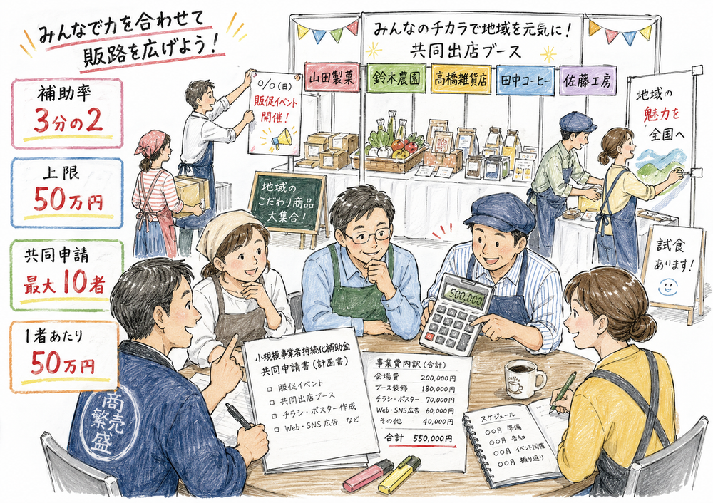 持続化補助金の補助率、補助上限、共同申請の最大10者を、複数店舗の共同販促の場面で整理した図解