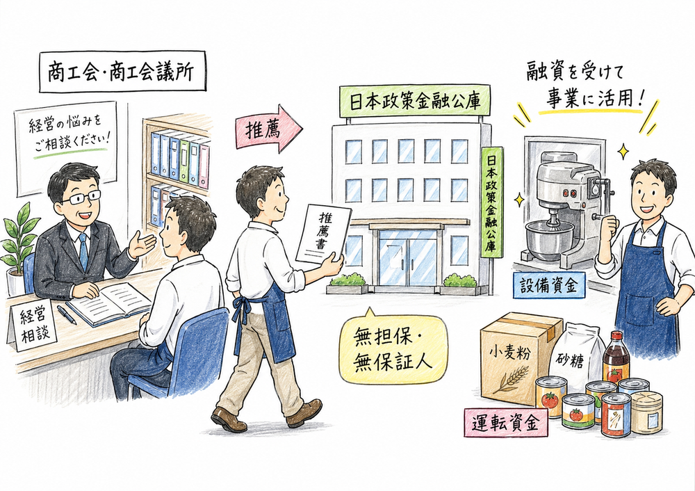 商工会や商工会議所の推薦を受け、日本政策金融公庫が無担保無保証人で融資するマル経融資の流れを描いた図解