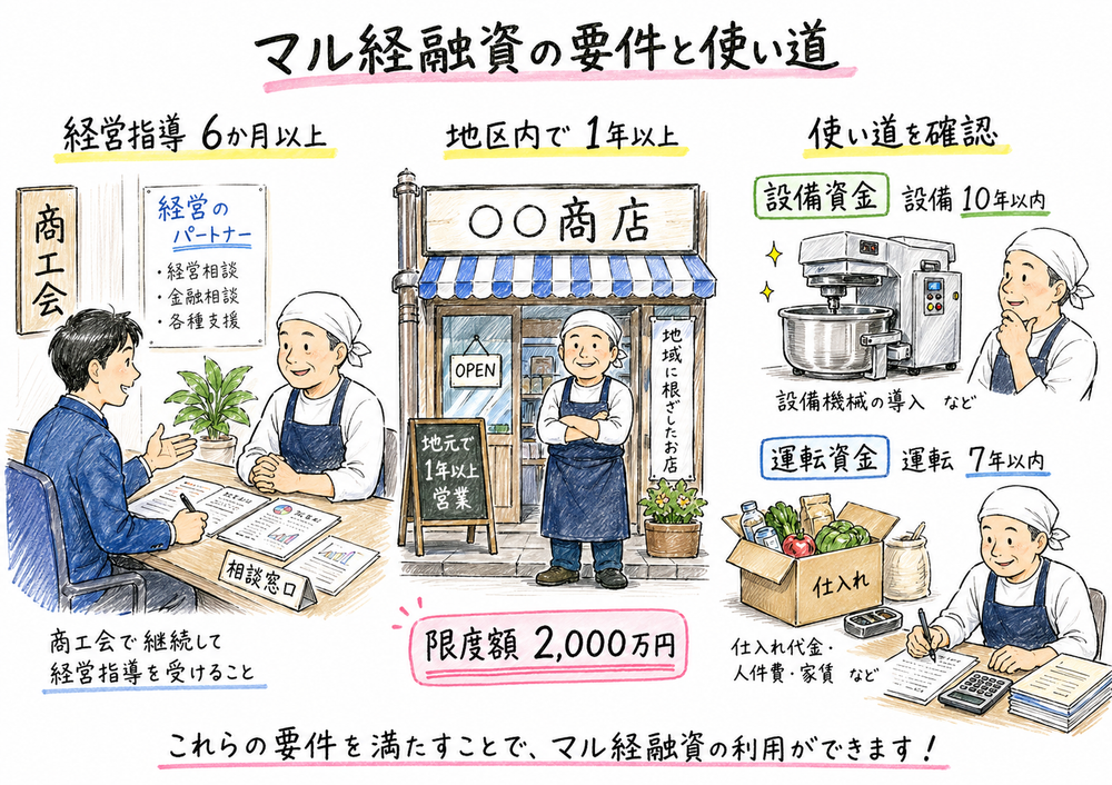 マル経融資の6か月、1年、2000万円、設備10年、運転7年を、店舗改装と仕入れ資金の例で整理した図解