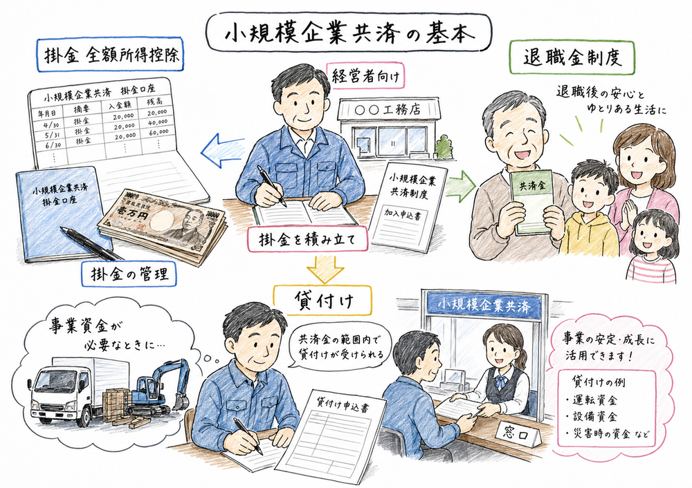 小規模企業共済を、経営者、掛金、退職金、貸付けの関係で整理した図解