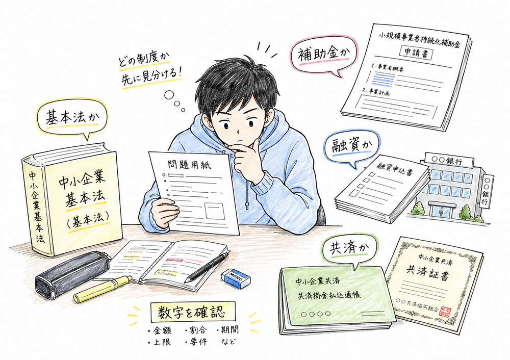 小規模企業支援の問題で、基本法、補助金、融資、共済のどれかを先に見分ける判断軸をまとめた図解