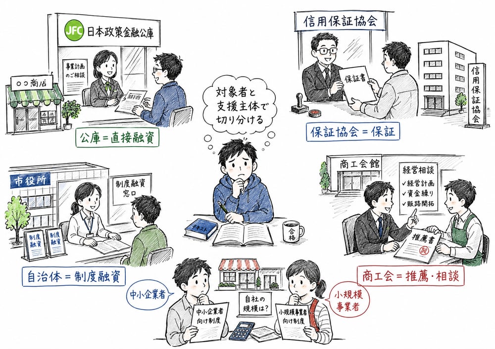 日本政策金融公庫、信用保証協会、自治体、商工会の役割と対象者の違いを切り分ける図解